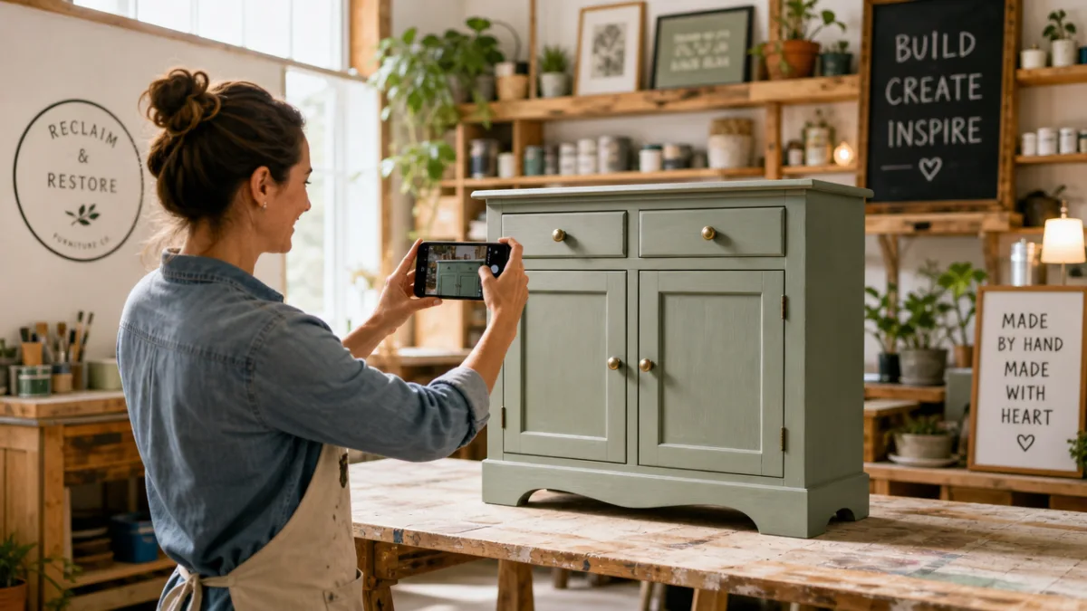 a confident entrepreneur photographing a finished painted wooden cabinet in a bright…