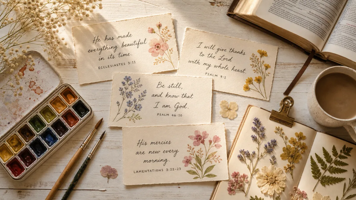 a flat lay of handwritten Bible verse cards, watercolor paints, brushes, and…