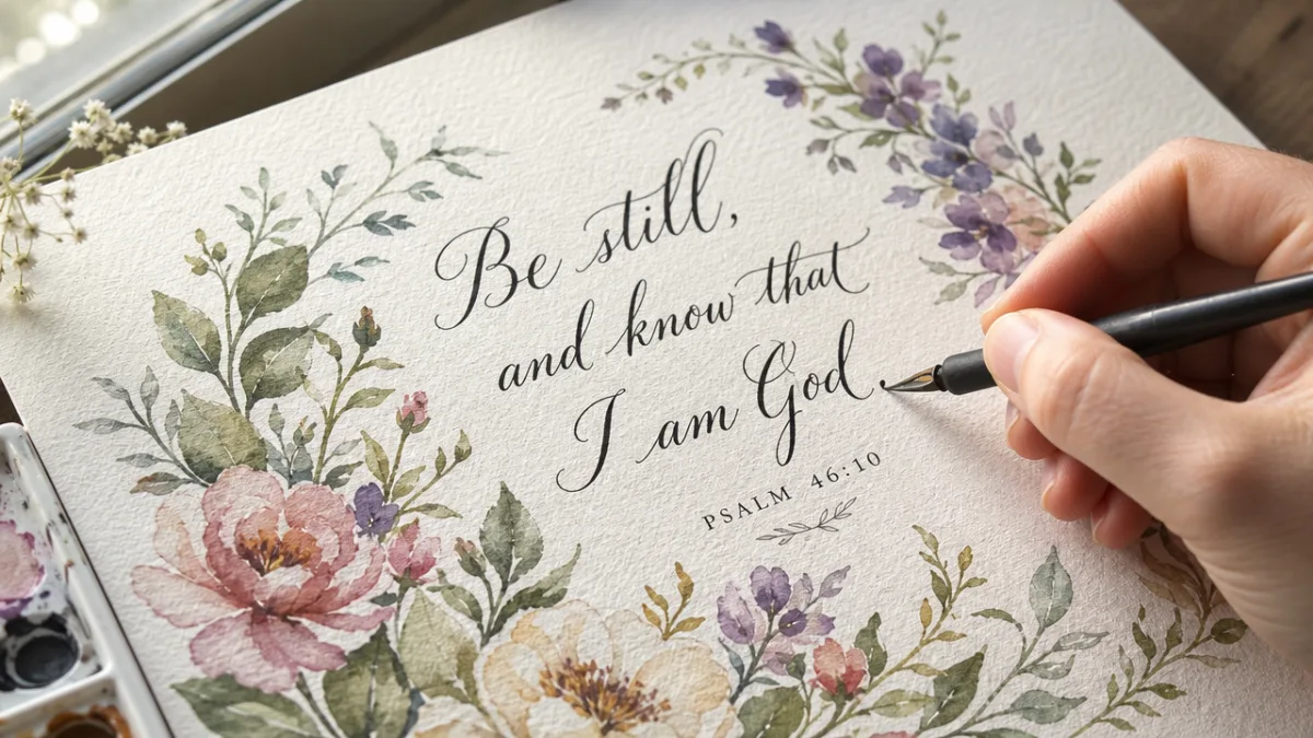 close-up of a hand writing scripture in calligraphy on textured watercolor paper…