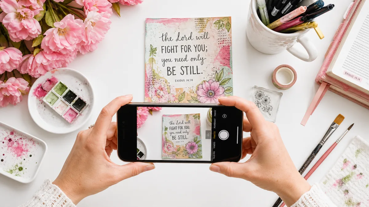 an artist's hands photographing a completed Bible art card on a white…