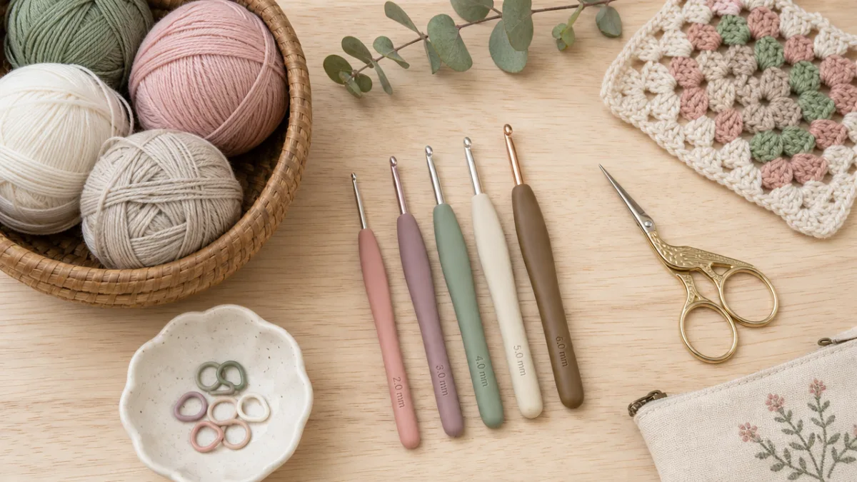 a flat lay of crochet supplies including cotton yarn, hooks, and scissors…