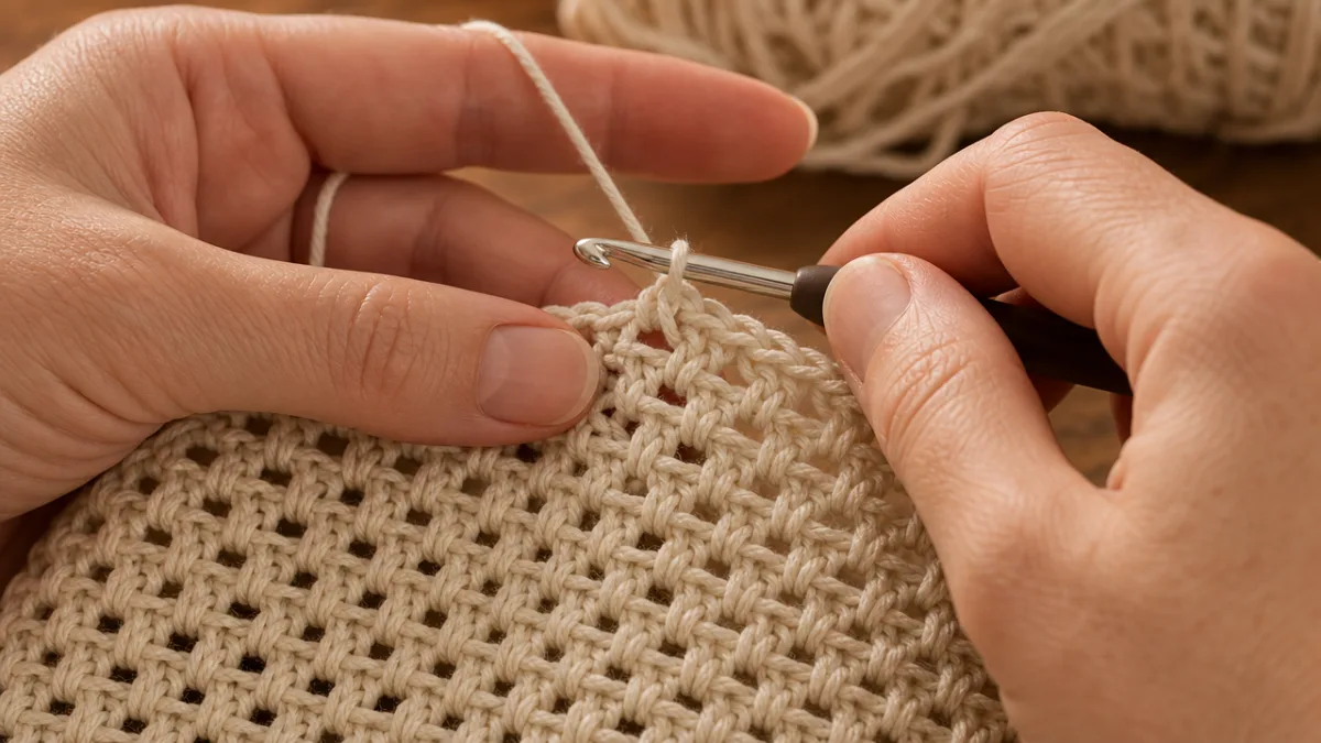 hands crocheting linen stitch fabric with cotton yarn, close-up warm studio lighting…