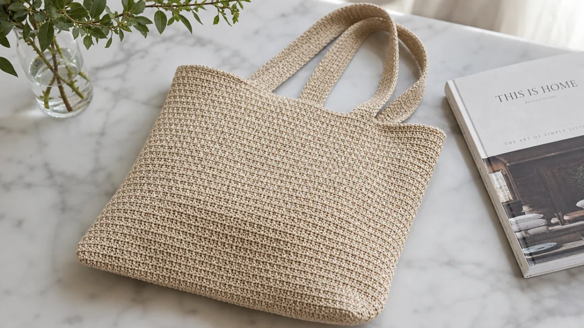 a finished linen stitch crochet tote bag resting on a marble surface,…