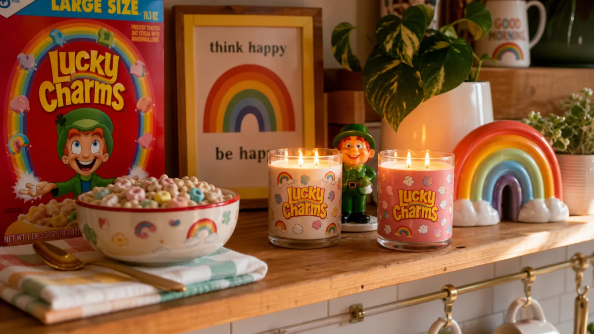 styled kitchen shelf with Lucky Charms candles glowing beside a cereal bowl…