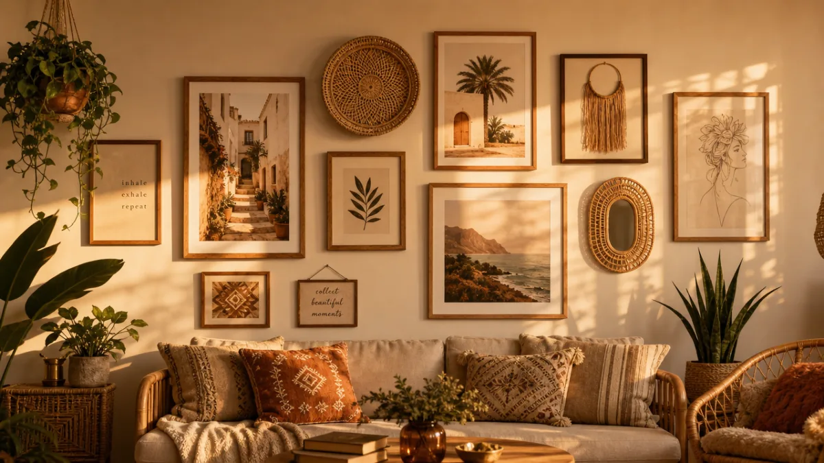a warm boho living room gallery wall with mixed rattan and wooden…