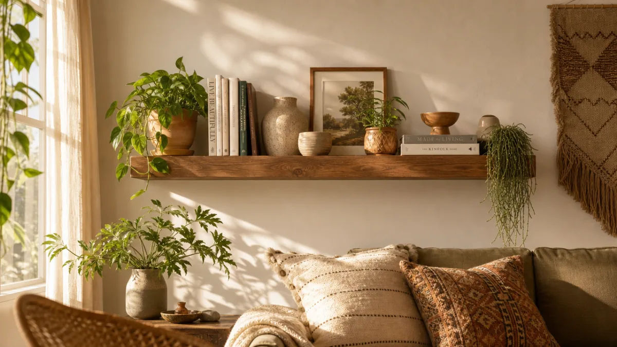 a styled floating wooden shelf with plants, ceramics, and books in a…