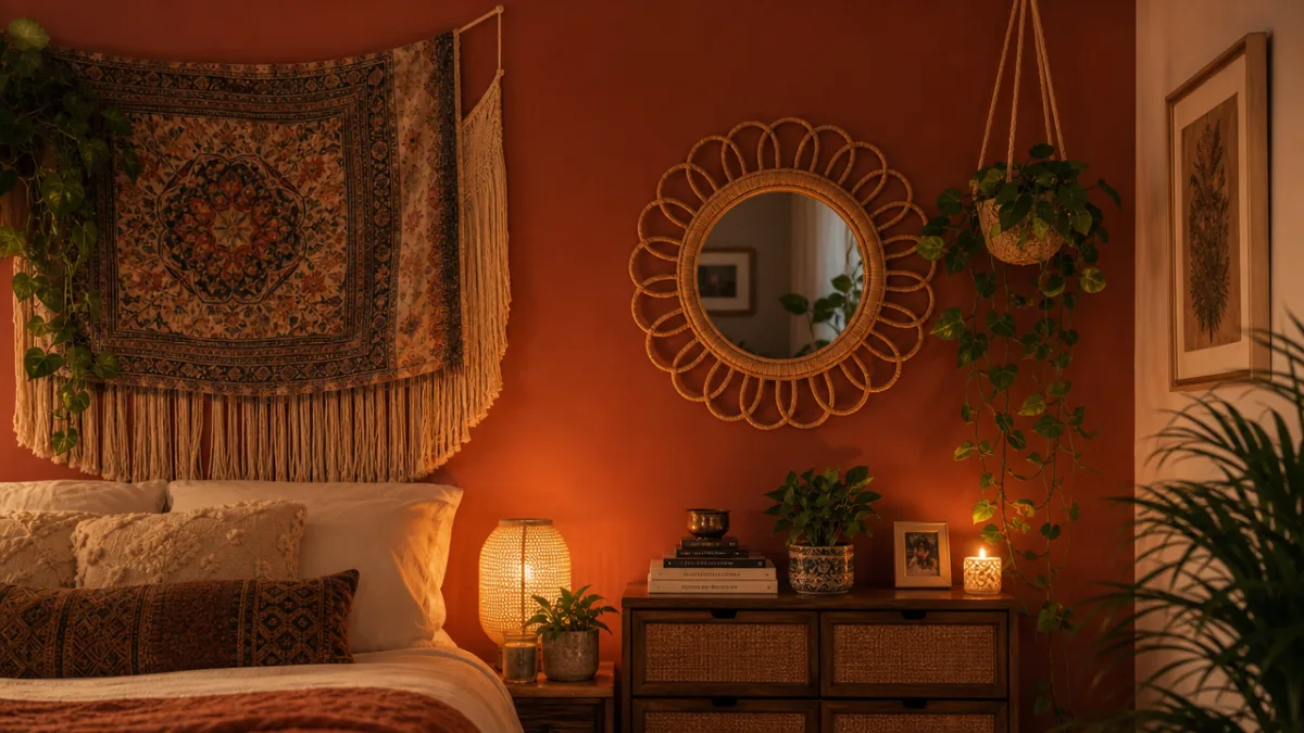 a terracotta accent wall with layered tapestry, rattan mirror, and trailing plants,…