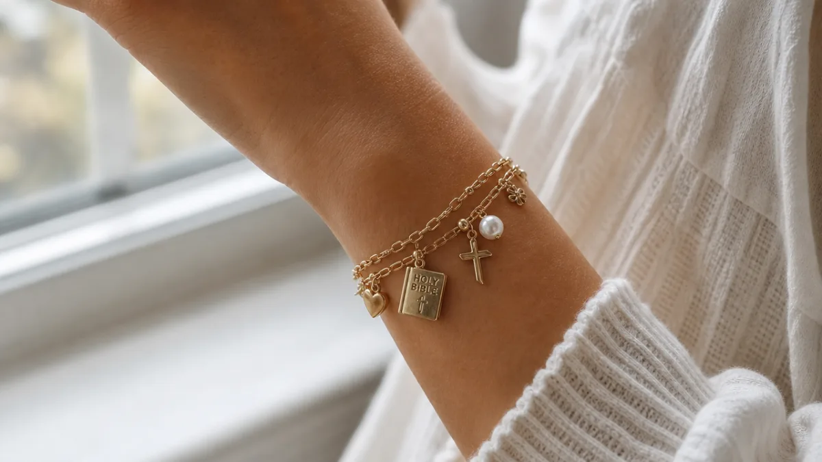 a woman's wrist wearing a layered charm bracelet with a small Bible…