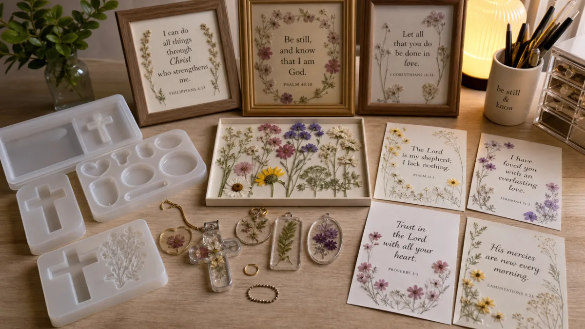 a crafting table with resin molds, Bible verse prints, and pressed flowers…