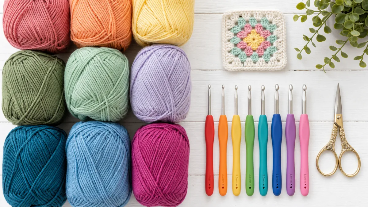 a neatly arranged flat lay of colorful yarn skeins, crochet hooks, and…