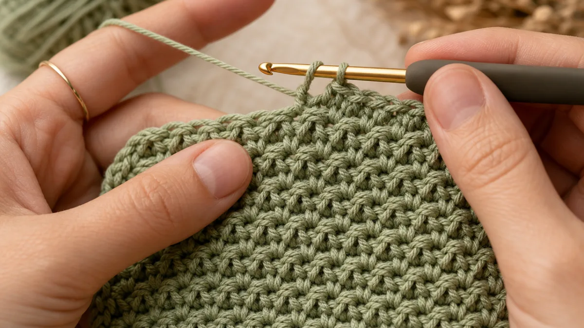 close-up of hands crocheting a textured moss stitch swatch in sage green…