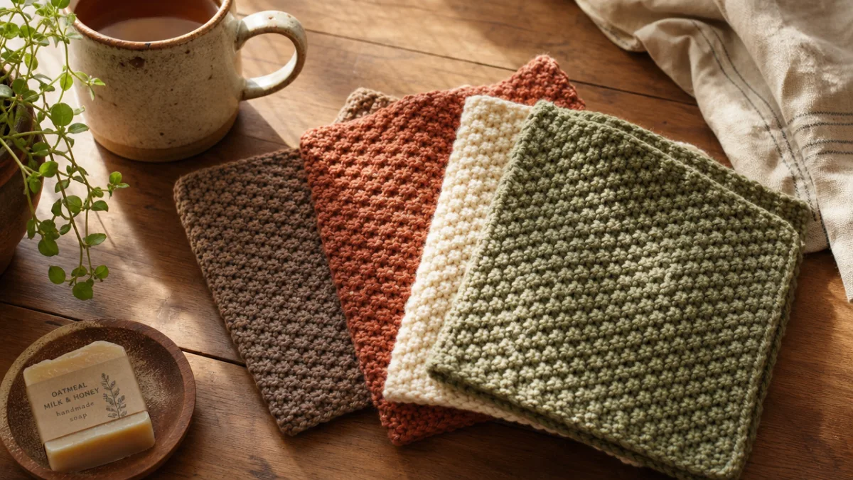 a cozy flat lay of finished moss stitch dishcloths in earthy tones…