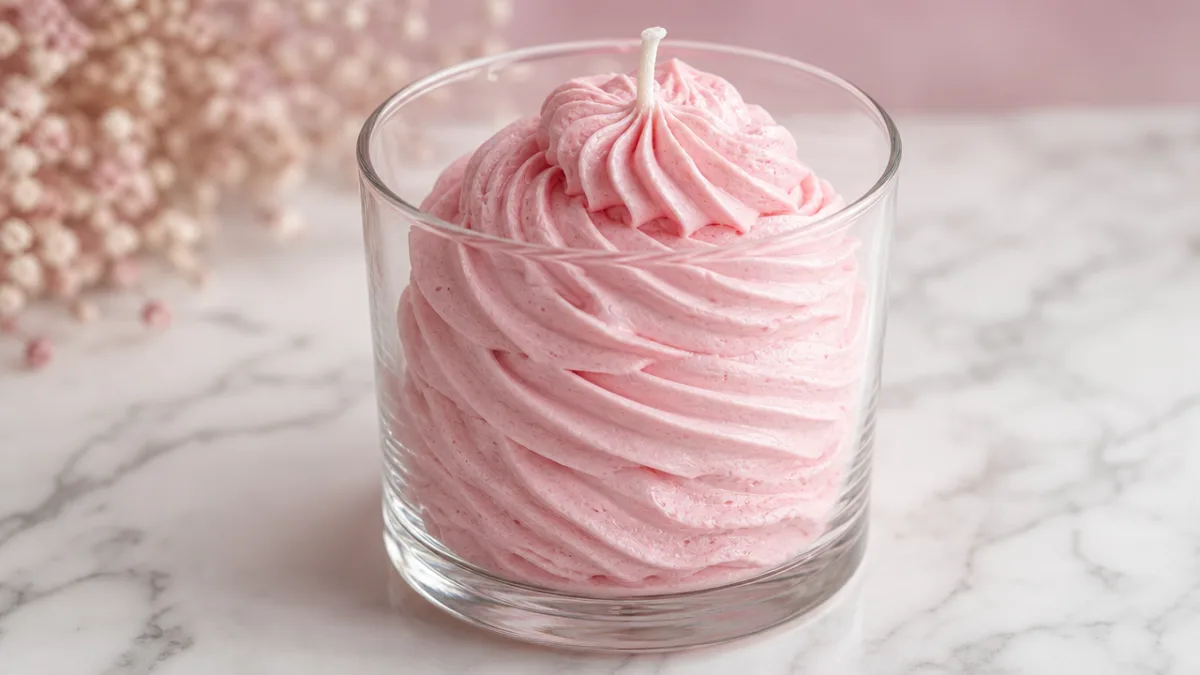 a close-up of a pink whipped wax candle in glass on a…