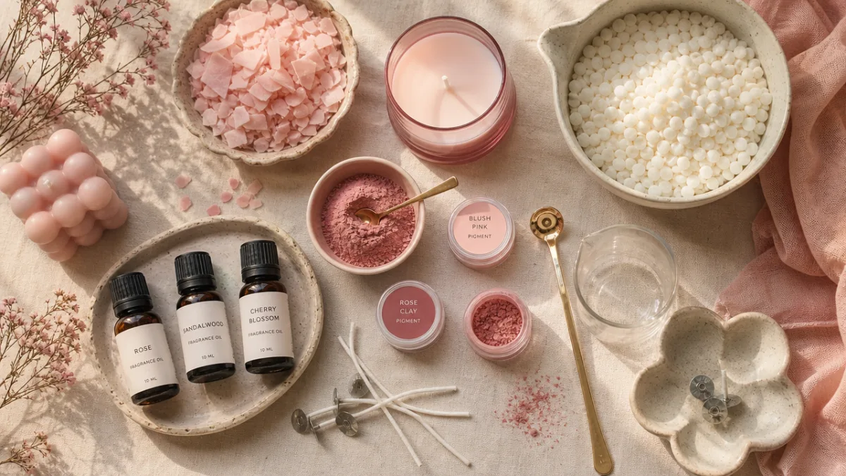 an overhead flat lay of pink candle-making supplies including fragrance oils, wax,…