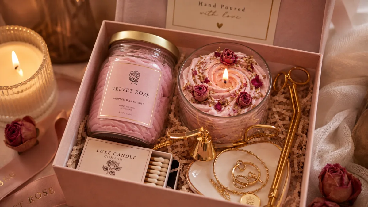 a styled gift set featuring a pink whipped wax candle with dried…
