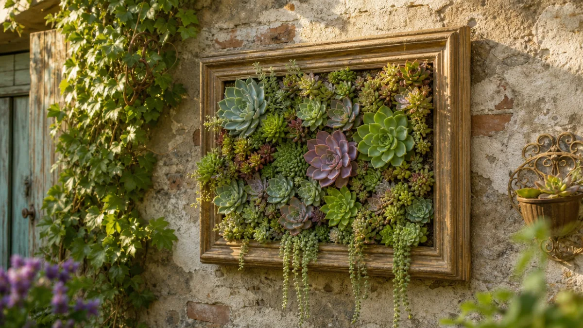 a lush succulent-filled picture frame mounted on a weathered garden wall, warm…