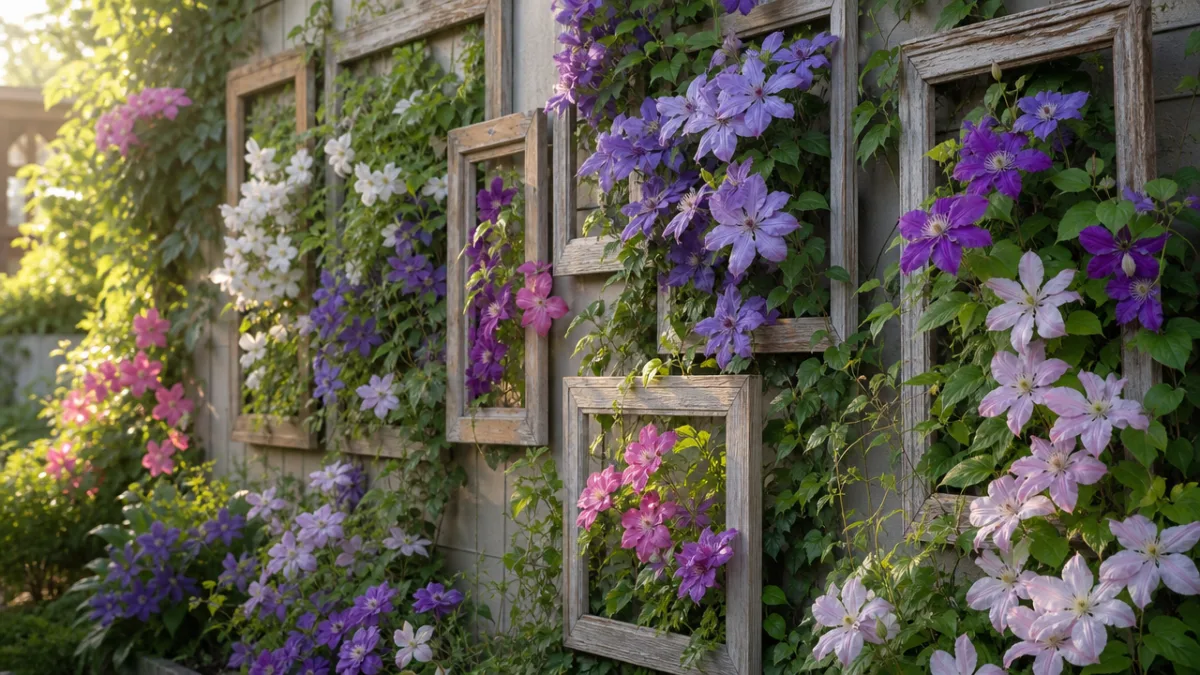 a vertical garden wall of wooden picture frame trellises covered with flowering…