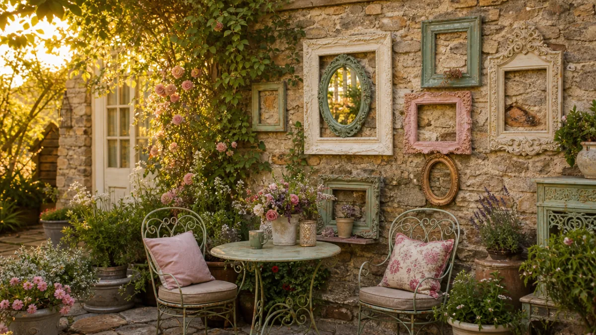 a styled cottage garden patio with ornate painted frames arranged on a…