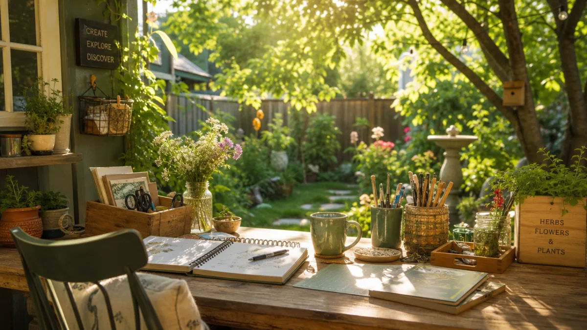 a sunlit backyard workspace with wooden table, craft supplies, and lush green…