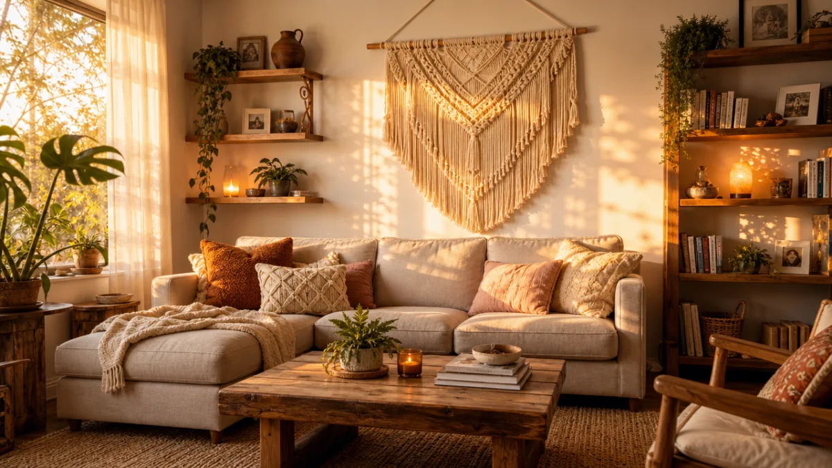 a cozy living room interior with handmade macramé wall art, warm wooden…