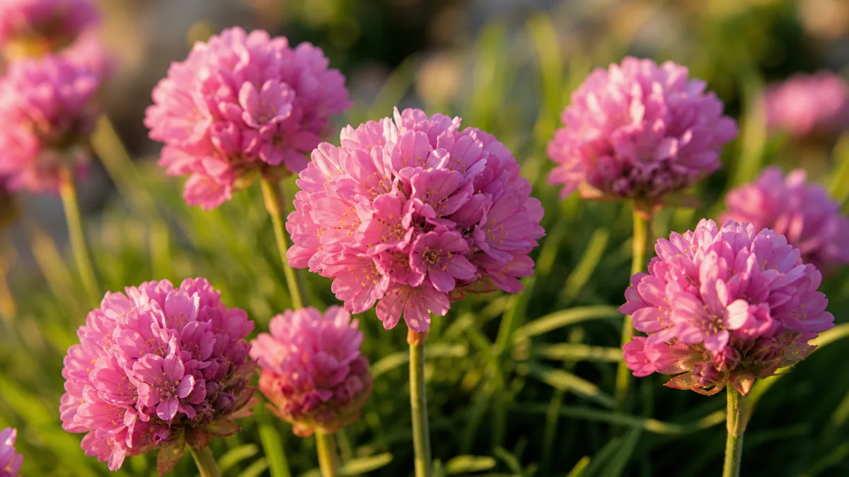 a close-up of pink Armeria maritima flower heads against soft green foliage,…