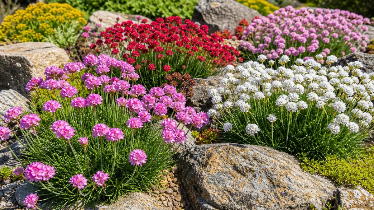 a vibrant rock garden featuring multiple Armeria maritima cultivars in pink, red,…