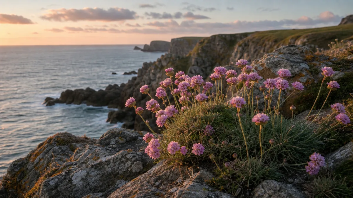 a coastal clifftop scene with wild Armeria maritima growing among rocks, dramatic…