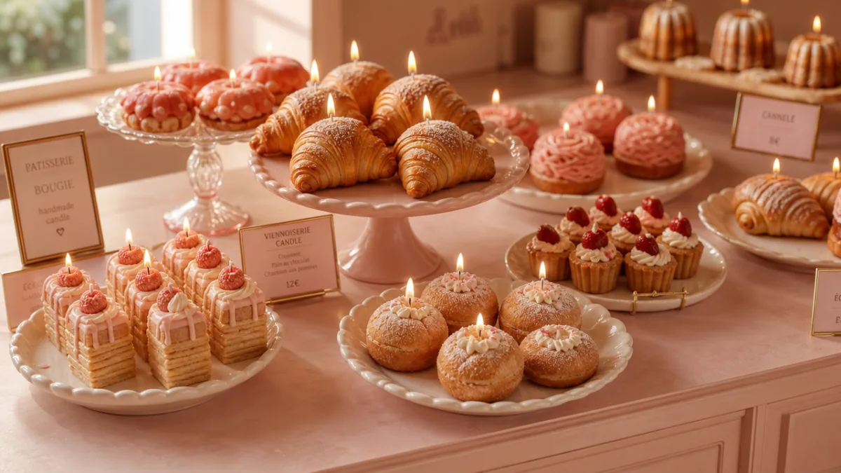 a pastel pink bakery countertop covered in beautifully crafted pastry candles, soft…