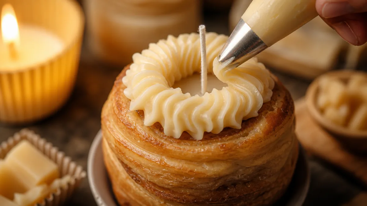 close-up of a handcrafted pastry candle being decorated with piped wax frosting,…