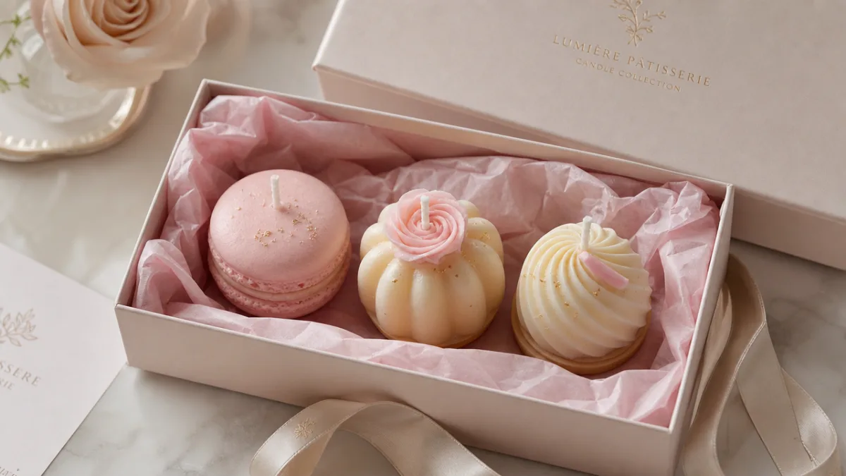 an elegant gift box lined with pink tissue paper containing three pastel…