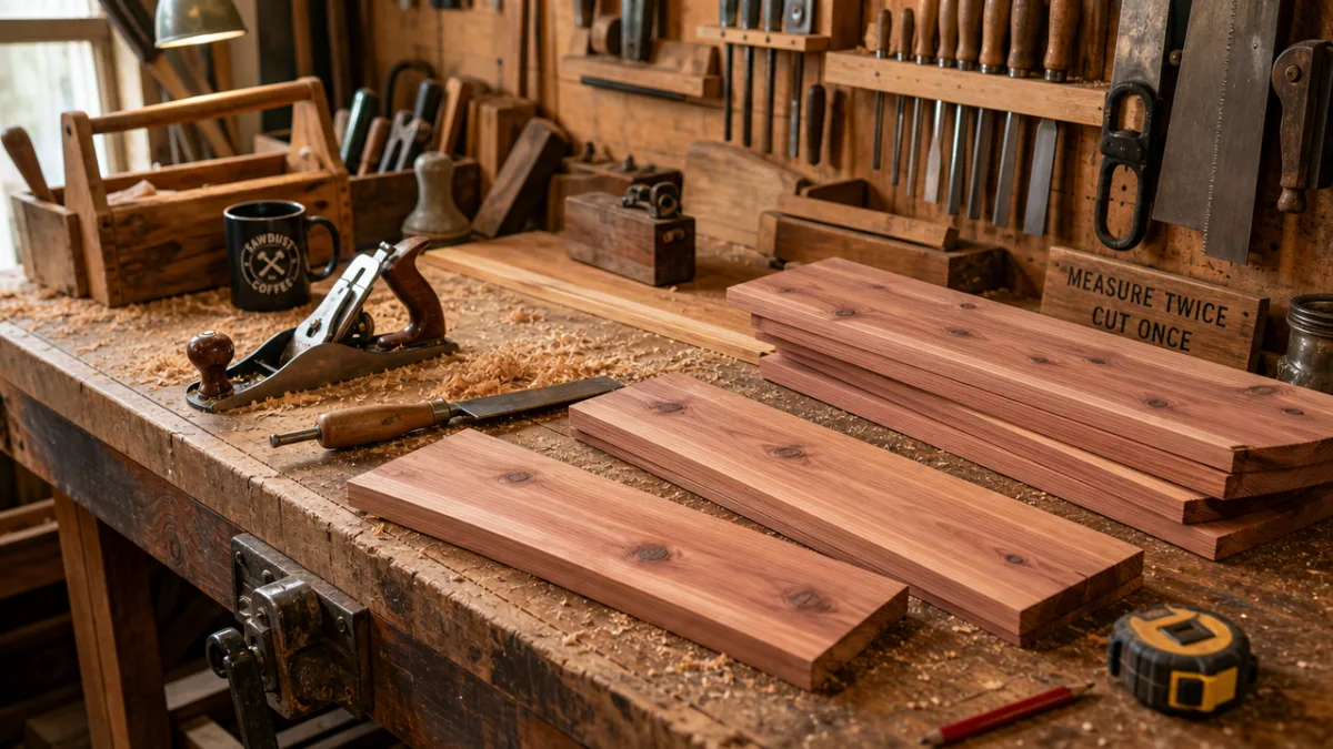 a rustic wooden workbench covered with cedar planks, woodworking tools, and sawdust,…