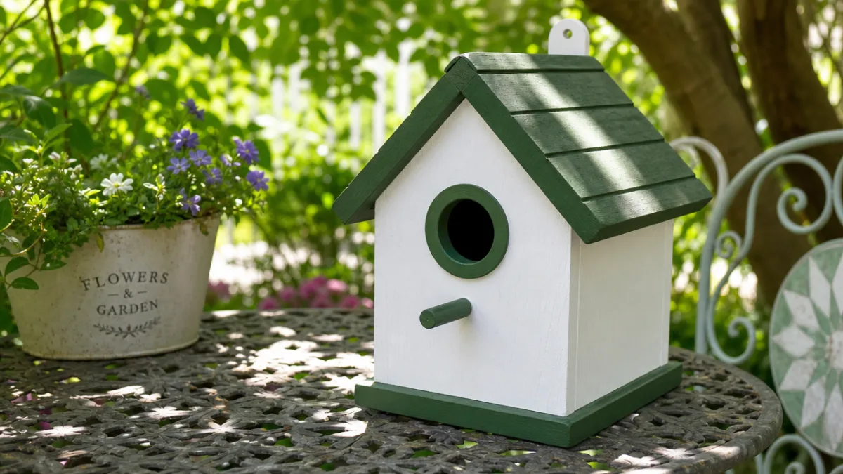 a freshly painted white birdhouse with green trim sitting on a garden…