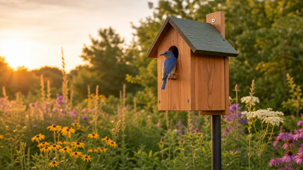 a cedar birdhouse mounted on a metal pole in a sunlit meadow…