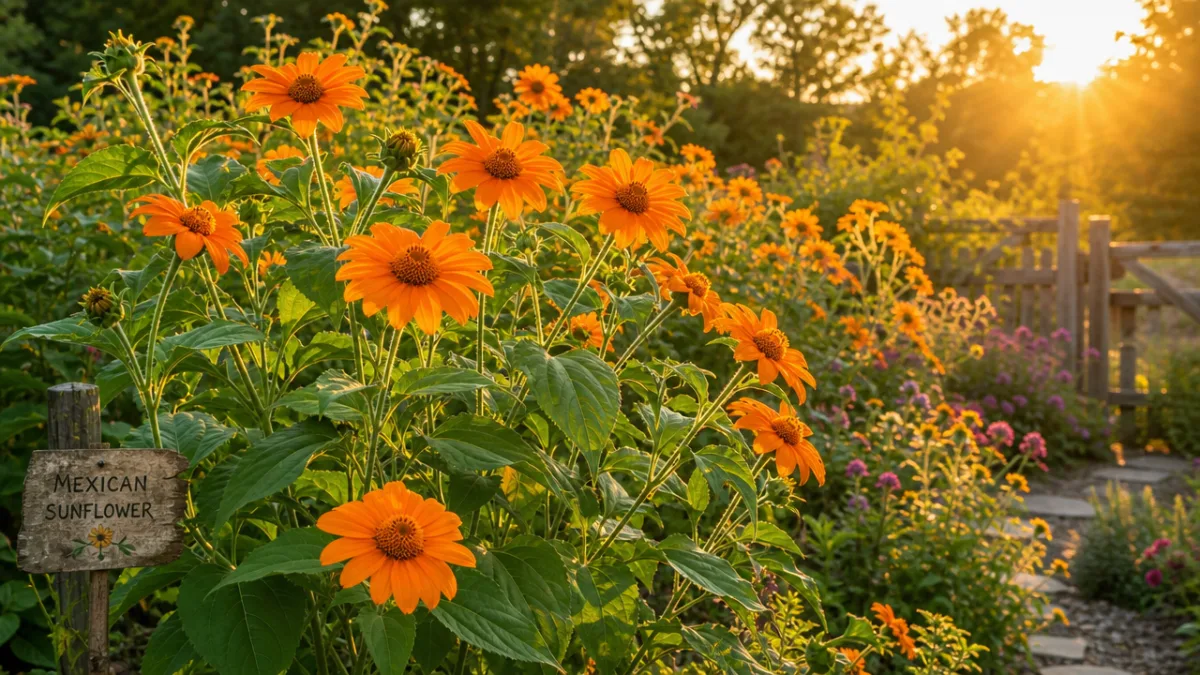 a lush garden bed filled with tall orange Mexican sunflowers in golden…