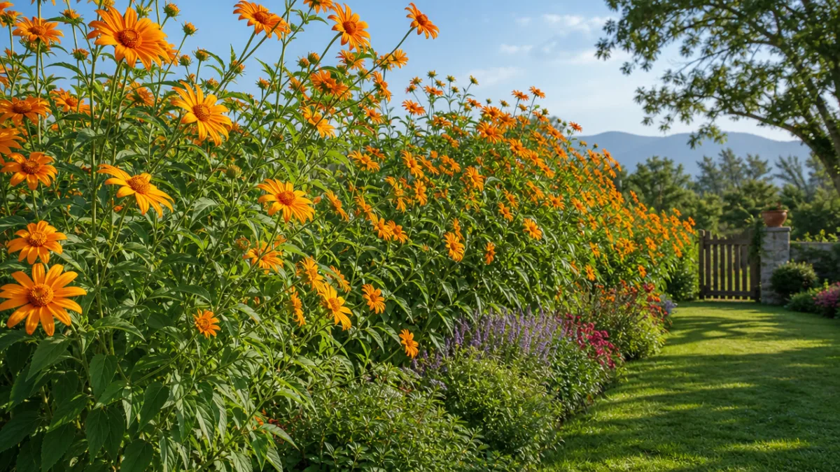 a sweeping garden landscape with tall Mexican sunflowers planted as a border…