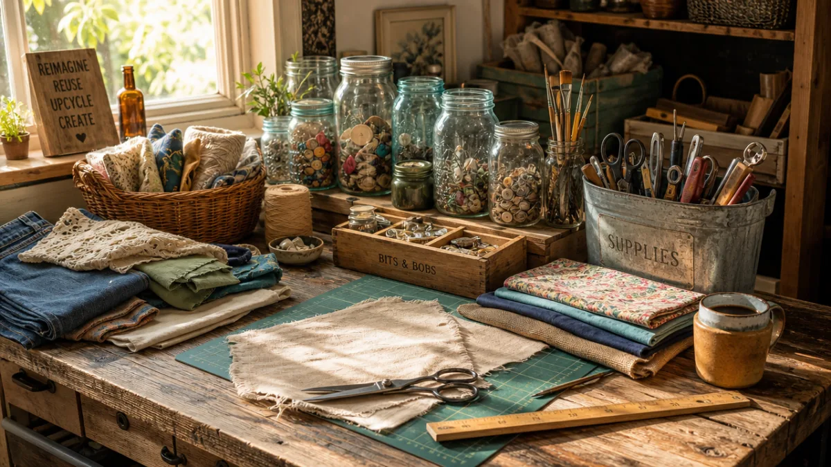 a well-lit rustic wooden workbench covered with collected upcycling materials including fabric,…