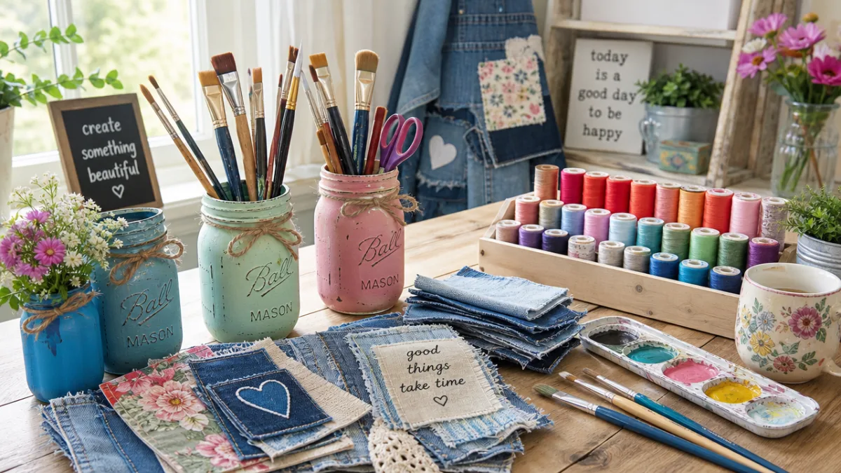 a cheerful craft table with painted jars, denim fabric swatches, brushes, and…