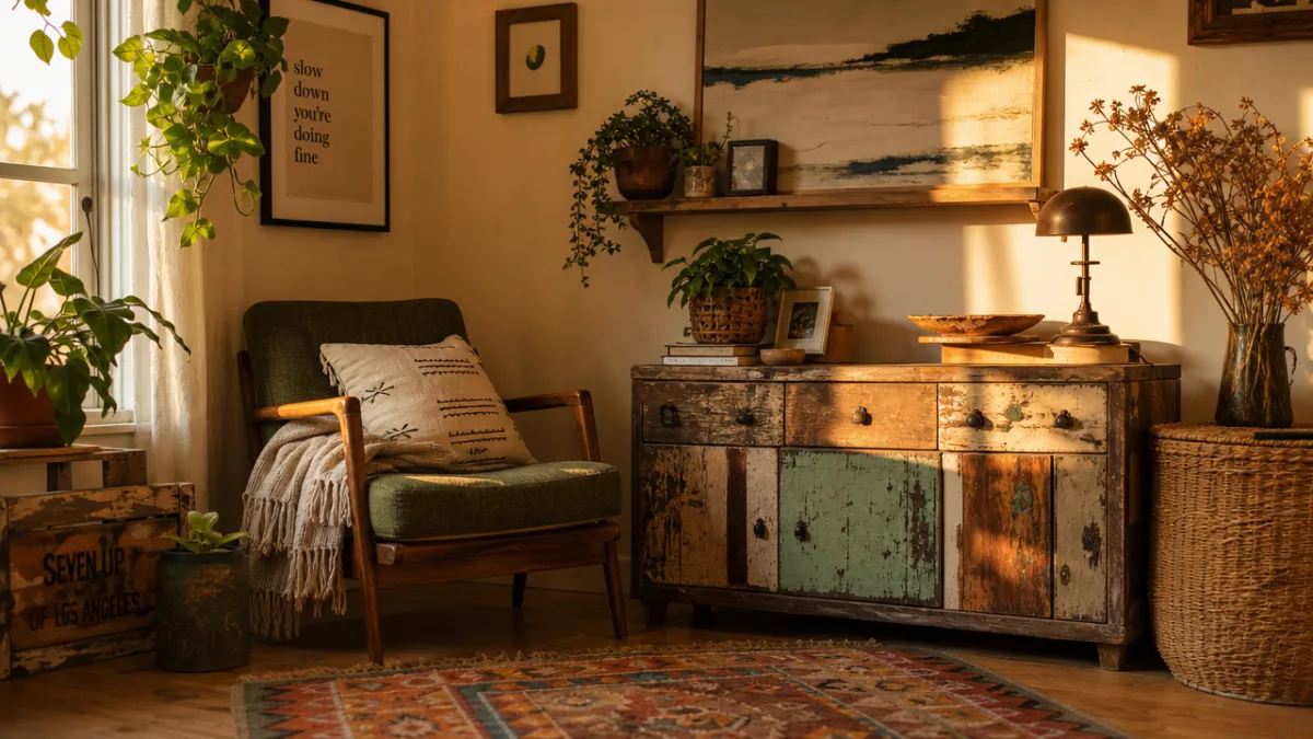 a beautifully styled sustainable home corner with upcycled furniture and handmade decor,…