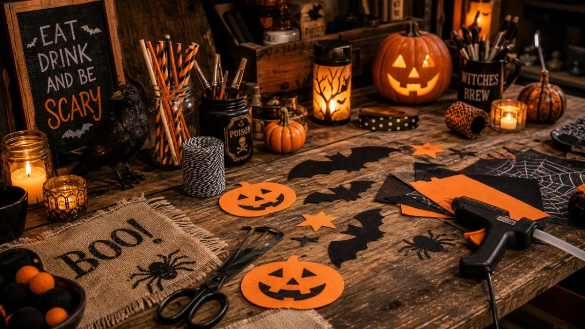 a rustic wooden workshop table covered with Halloween craft supplies, warm candlelight…