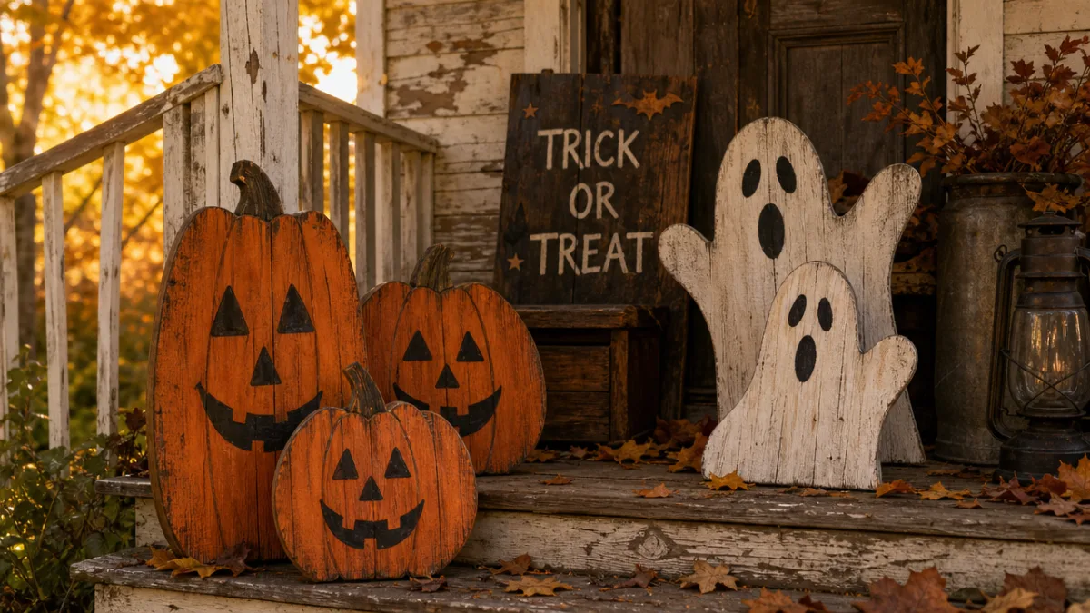 a spooky Halloween display of handmade wooden pumpkins and ghost cutouts on…