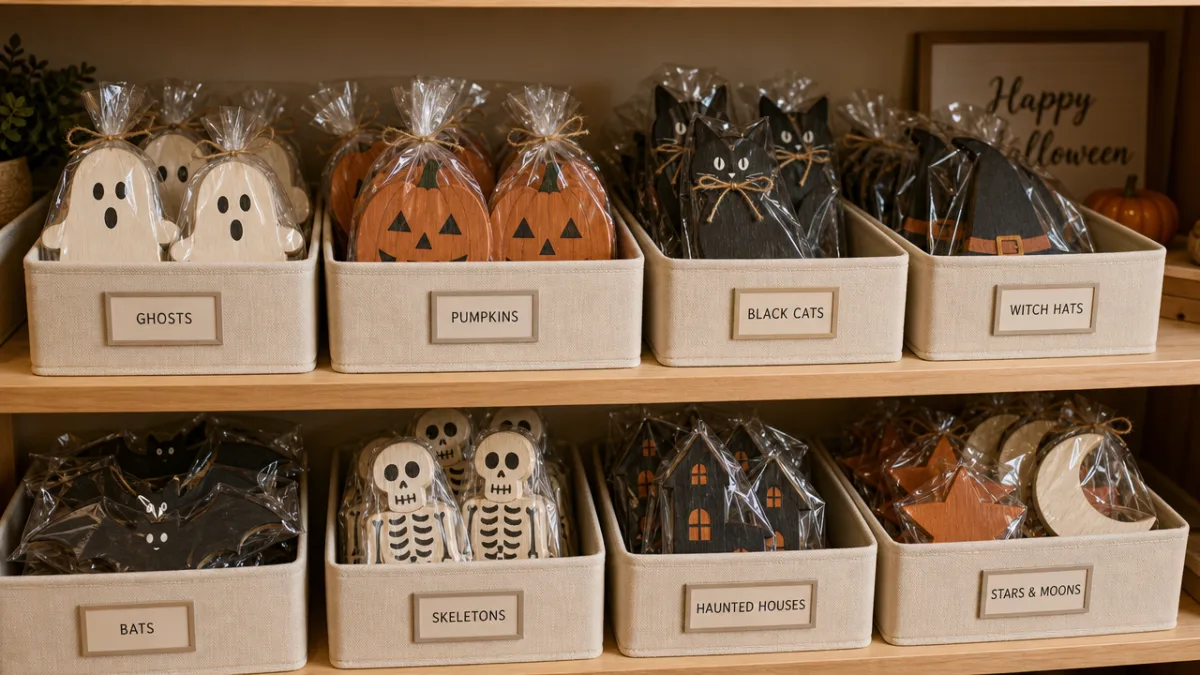 neatly organized storage bins containing wrapped wooden Halloween decorations, soft indoor lighting,…