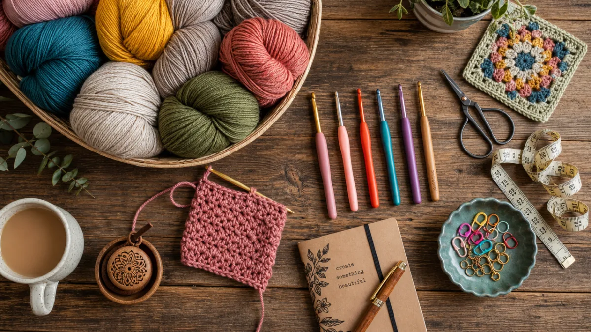 a flat lay of colorful yarn skeins, crochet hooks, and crafting tools…