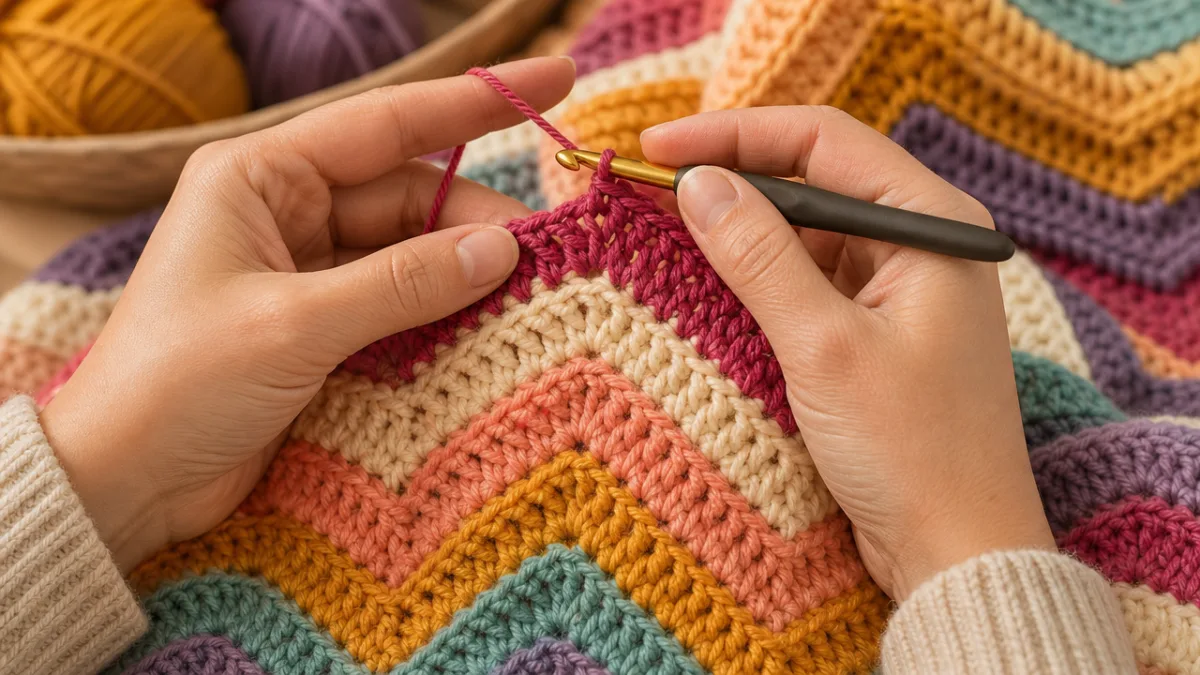 hands crocheting a colorful chevron blanket in progress, close-up detail shot, soft…