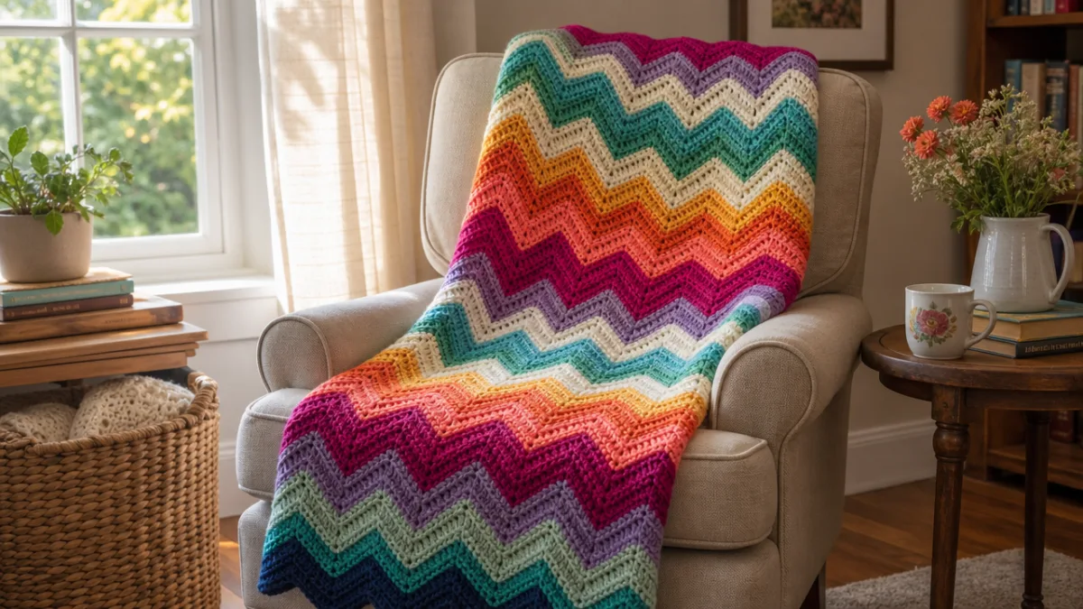 a finished colorful chevron crochet blanket draped over a cozy armchair beside…