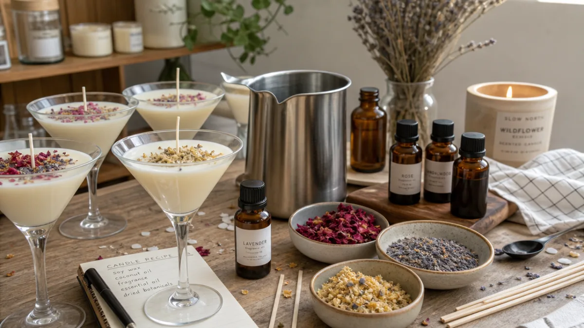 artisan candle-making workspace with martini glasses, wax pouring pitcher, fragrance oils, and…