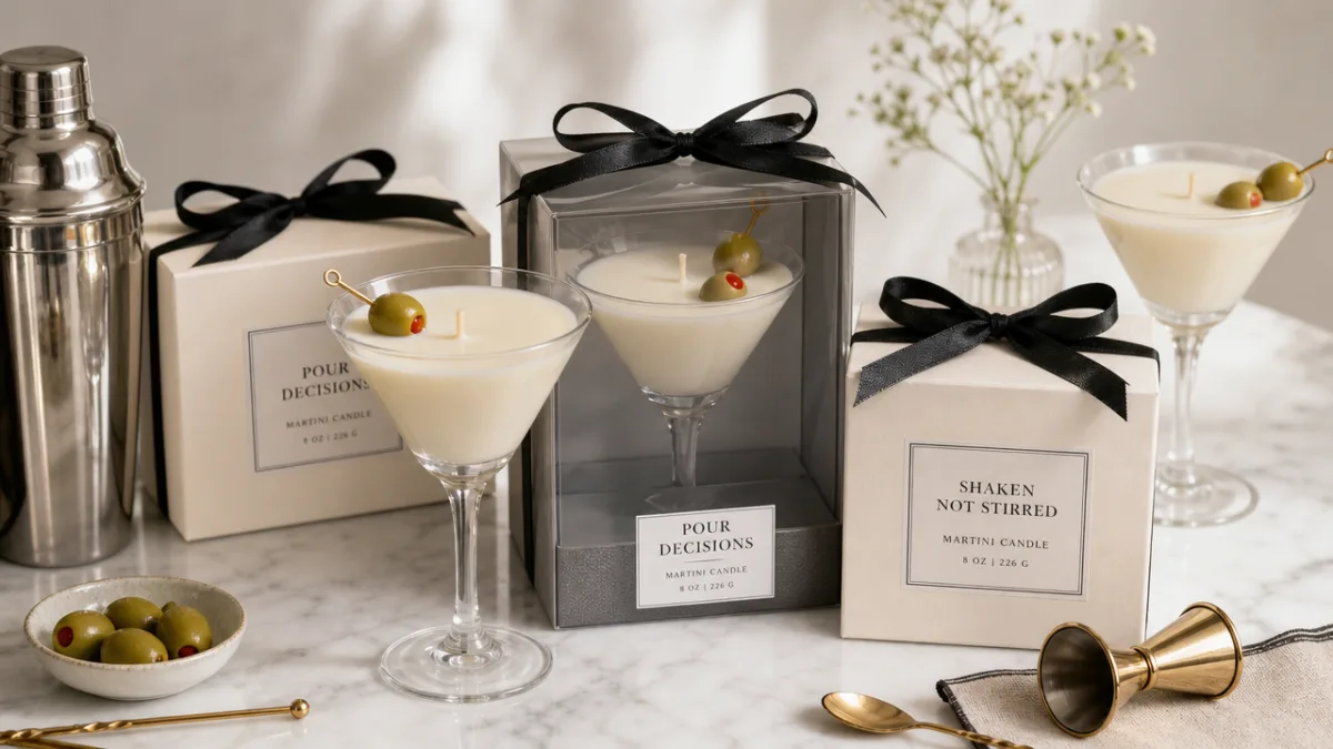 elegantly packaged martini candles arranged as gifts on a white marble surface…