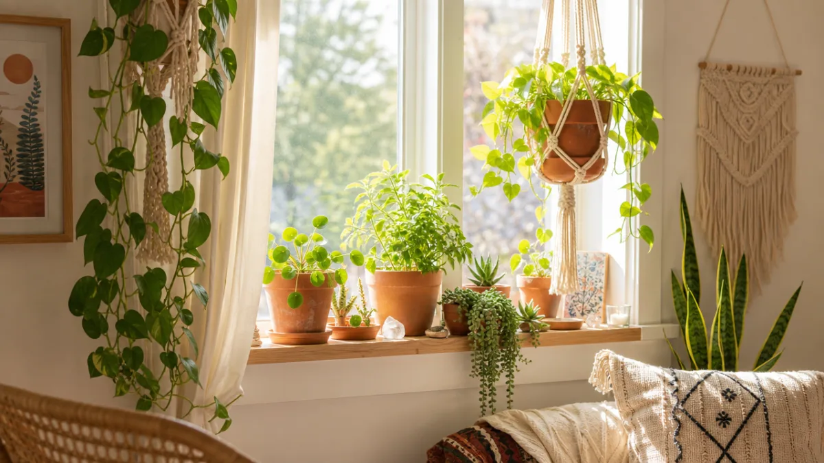 a sunlit windowsill with terracotta pots, trailing plants, and macramé hangers in…
