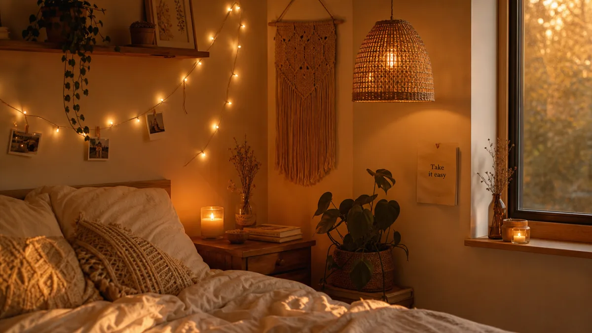 a warm cozy bedroom corner with DIY string lights, a glowing candle,…