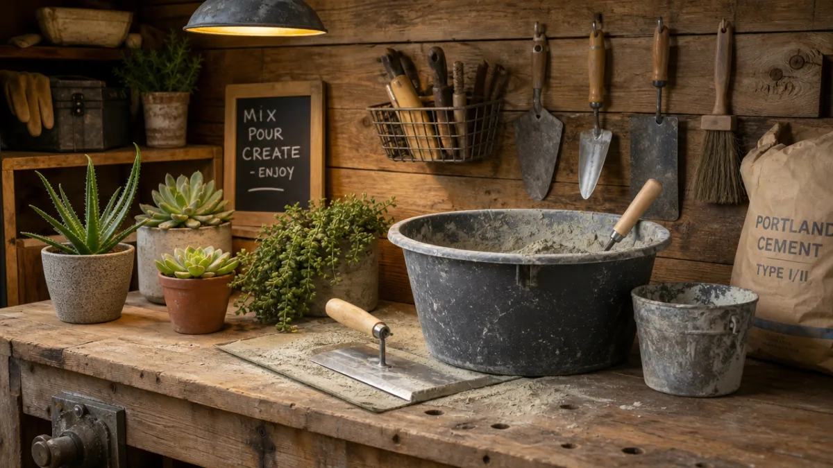 a rustic wooden workbench with cement mixing tools, potted succulents, and warm…