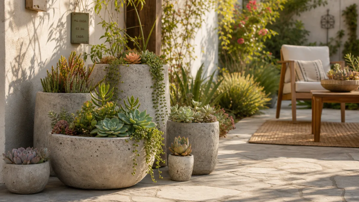 a sunlit garden patio with handmade cement planters filled with succulents, soft…